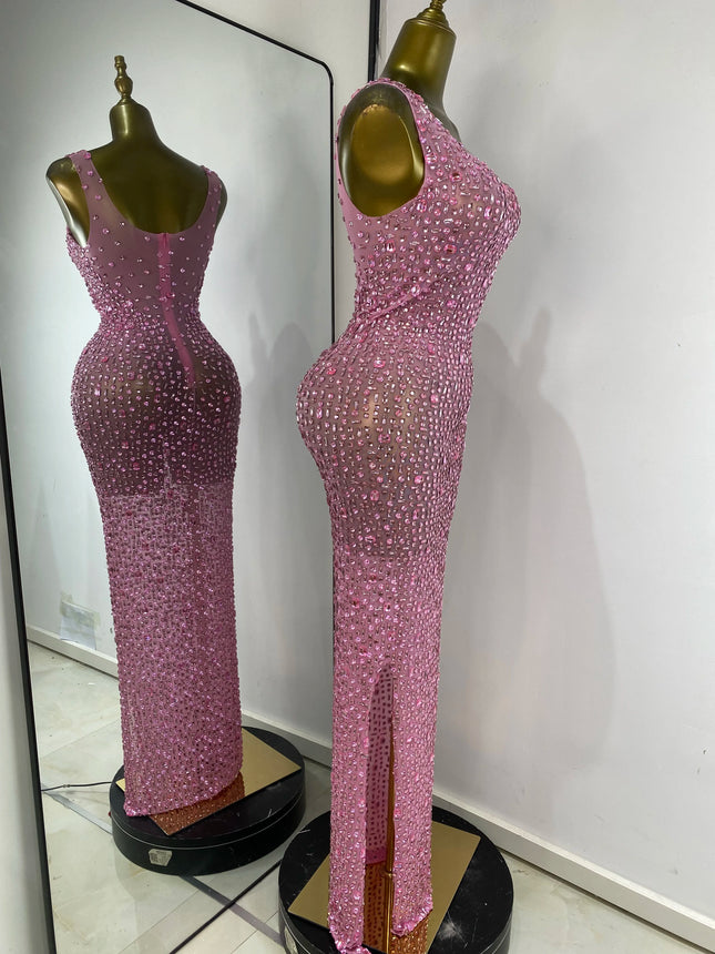 Damen Luxus Rosa Volle Strasssteine Split Maxi Langes Kleid Geburtstag Abendparty Nachtclub Bühnenkostüme Promi Abschlussballkleider