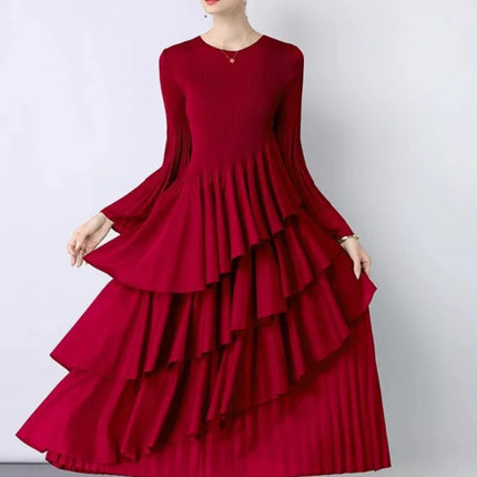XFPV Elegant Fashion Style Women's Beautiful Dress Long Sleeves Round Neck Pleated Irregular Dresses For 2025 Autumn New 22D2441