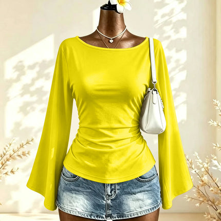 Boat Neck Flare Long Sleeve Side Ruched Fitted Casual Blouse Slim Fit Basic Top