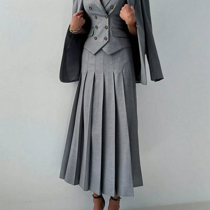 3pcs Women Elegant Work Casual Business Suit Set: Fitted Vest for Spring/Summer, Pleated Midi Skirt, Suitable for Office Lady