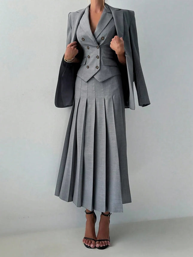 3pcs Women Elegant Work Casual Business Suit Set: Fitted Vest for Spring/Summer, Pleated Midi Skirt