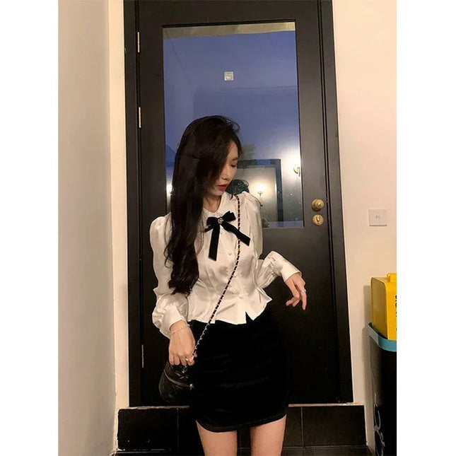 Sweet White Bow Shirts Wome Preppy Kawaii Lace Patchwork Blouses Female Lolita Peter Pan Collar Long - product image 2