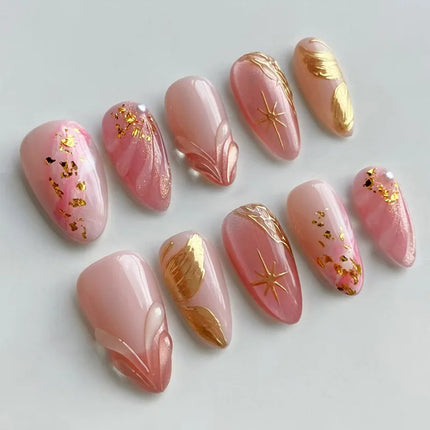 24Pcs Mid-length Gilded Almond Nails Set Press on 3D Flower Gradient Pink Full Cover False Nails Tips Pearl Reusable Fake Nails