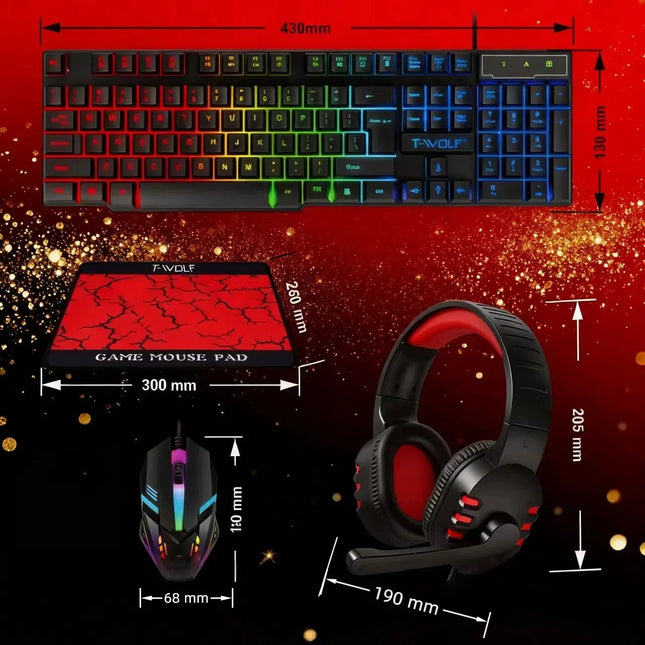 T-WOLF Thunderwolf TF880 Wired Keyboard, Mouse, Headphones and Audio Five-piece E-sports Game Enjoy Super Fast - product imag