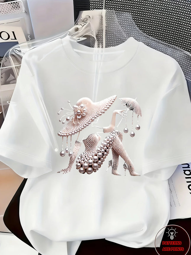 Women's Printed T-Shirt Pearl Diamond Jewelry Women's Design Casual Round Neck Short-sleeved Top Urban - product image 2