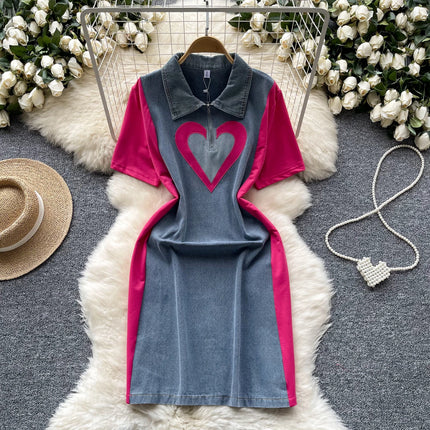 Sexy Polo neck short Sleeve cowboy PATCHWORK loose Chic Dress Birthday Party Fashion Women Clothing dresses