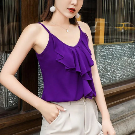 Women Loose Casual Solid Tank Tops Sleeveless O Neck Ruffles Vest Blouse Ladies All-Match 10 Colors Shirts Tops