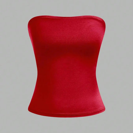Women Red Solid Color Strapless Bandeau Top Casual Slim Fit Form Fitting Tube Top For Daily Wear Streetwear & Y2K Style