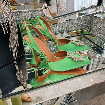 2025 European and American Women's New High Heel Sandals Sunflower Water Diamond Buckle High Heels Pointed Heel Satin Shoes