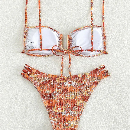 Sexy Pleate Micro Bikini Women U Neck Push Up Orange Floral Print Micro Swimsuit 2026 Summer Bathing Suit Lace Up Thong Swimwear