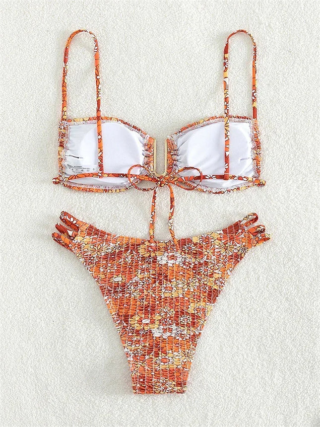 Sexy Plissiertes Mikro-Bikini-Set für Damen U-Ausschnitt Push-Up Orange Geblümt Mikro-Badeanzug Sommer 2026 Bademode Schnür-Tanga-Badeanzug