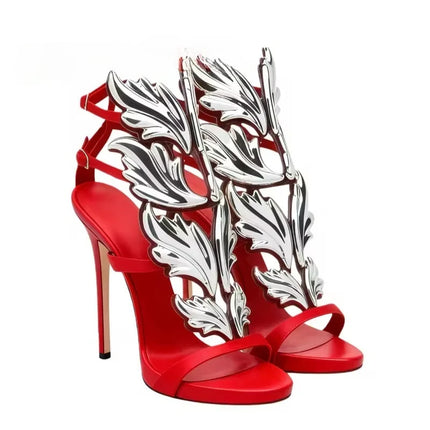 Silver Mirrored Wing Sandals Luxury Women Summer Pumps Leaf Winged Sandals Stiletto Heels Shoes For Summer Party Dress Shoes