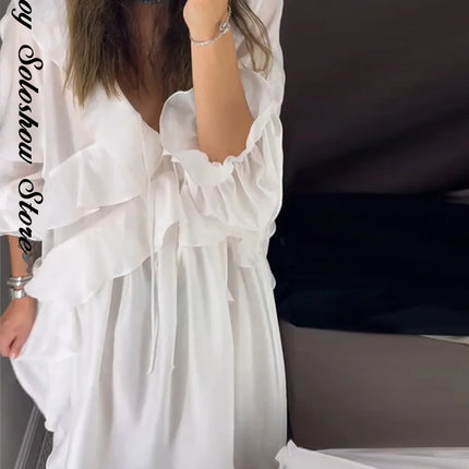 Elegant Ruffle Women's Dress Summer Solid V Neck Full Sleeve Loose Long Casual Dresses New Street Beach Vacation Robe 2026