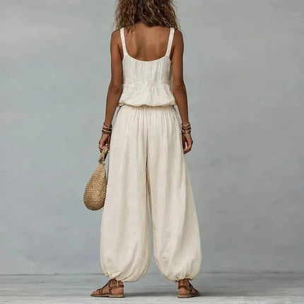 Women Sleeveless Lace V Neck Set Camisole Drawstring Waist Baggy Pants Suit Breathable Vacation Bohemian Casual Two Piece Outfit