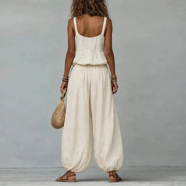 Damen ärmelloses Set mit Spitze und V-Ausschnitt, Trägertop, Hose mit Tunnelzug, lässiger Zweiteiler im Boho-Stil, atmungsaktiv, für den Urlaub