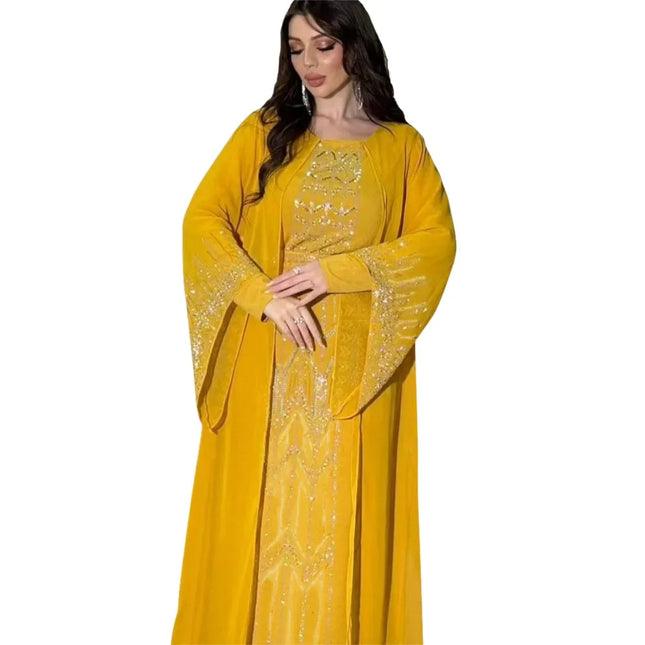 2024 Dubai Abaya Herbstmode Muslimisch Langarm V-Ausschnitt Party Abend Maxikleid Kaftan Kleidung für Muslimische Kleider Damen Outfits