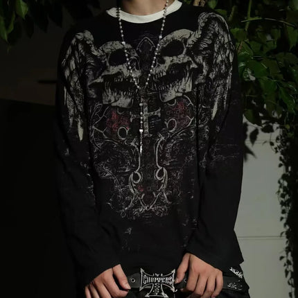 Y2K New Vintage Gothic Skull Wing Printed Long Sleeve Street Trend Pure Cotton Top Men Hip Hop Gothic Harajuku Oversize T-shirt