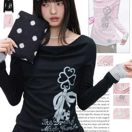 Kimotimo Korean Y2k Fake Two Spliced Polka Dot Print T-shirt Women 2026 Spring Summer Long Sleeve Slim Top Sweet Casual Tees INS