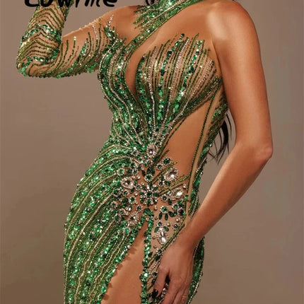 Customized Sexy See Through Green Evening Dresses Charming Party Celebrity Dress One Shoulder Long Prom Gowns Sequined Crystals