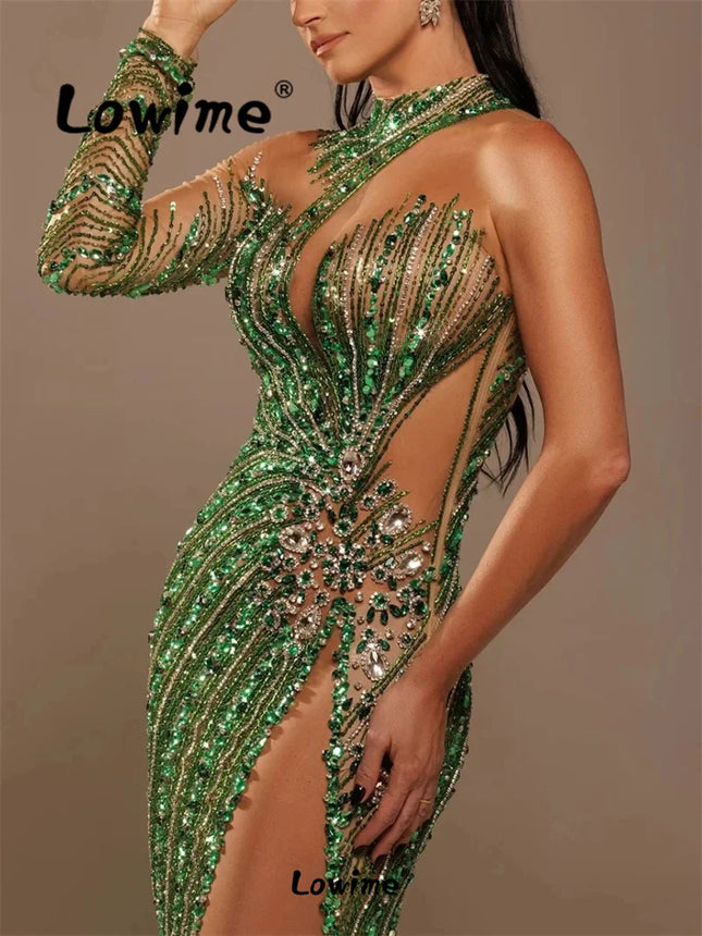 Maßgeschneiderte sexy transparente grüne Abendkleider, charmante Party-Promi-Kleider, One-Shoulder lange Ballkleider, Pailletten und Kristalle
