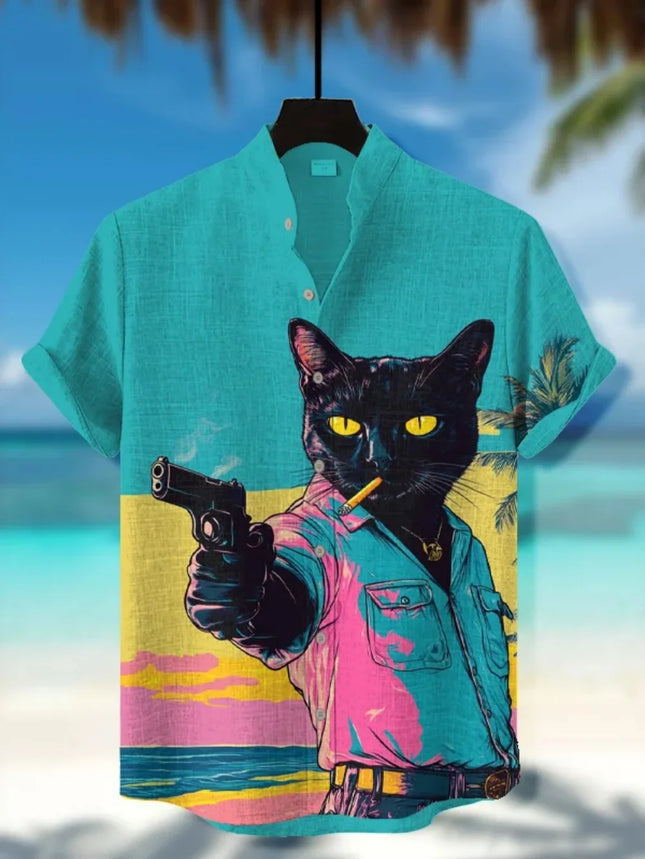 Camisa de lino informal de manga corta con cuello levantado y botones, estilo retro japonés, con estampado de gato negro para hombre, ideal para vacaciones.