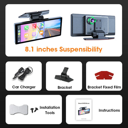 7/8.1 inch Suspended Type Wireless CarPlay Touch Screen Portable Car DVR Android Auto Dashcam GPS Navigation Rearview Camera FM