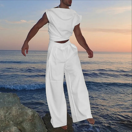 INCERUN Men Sets Solid Color Sleeveless Pleated Crop Tank Tops & Pants Two Pieces Sets Streetwear Loose 2025 Fashion Men's Suits