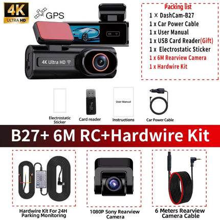 ACCEO Dash Cam WIFI GPS Mini CAR DVR Front 4K And Rear 1080P Dual Lens Black Box Room Camera Night Vision 24H Parking Monitor