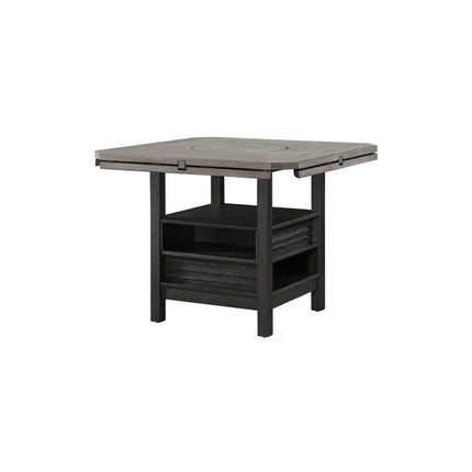 5pc Farmhouse Dining Set with Round Table, Black Gray Natural Grain, Integrated Turntable, Drop Leaves, Built-in Shelving, Fabric Upholstered Chairs