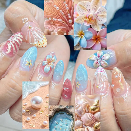 24pcs Almond False Nails Tips Summer Beach Colorful Nails Sets with Pearl Flower Design Press on Nails Art Wearable Fake Nail