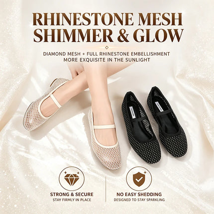 Cream mesh Mary Jane flats worn beside a black pair