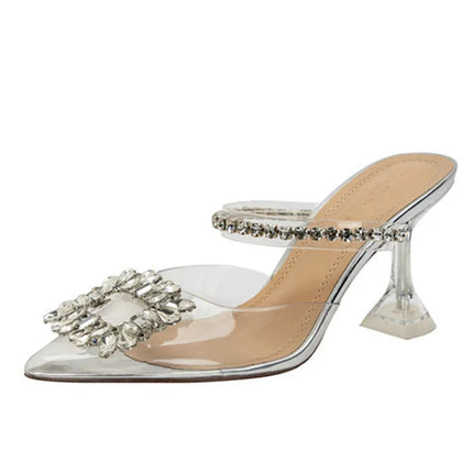 New PVC Transparent Crystal Women Slippers Summer Pointed Toe High Heels Sexy Slides Ladies Party Sandals Pumps Shoes