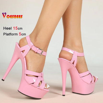 New Summer Pink Women Sandals Thin Heels 15cm Platform 5cm Cross Straps Ankle Buckle Round Toe Ladies Pumps Stiletto Party Shoes