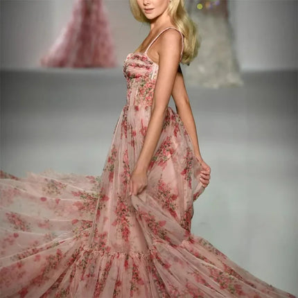 New Glamorous Pink Corset Prom Dresses Floral Printed Sleeveless Evening Gowns Floor Length Customized Formal Party Dresses