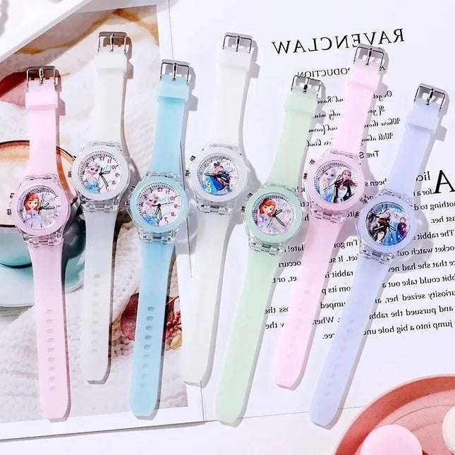 Disney Children Watch Frozen Princess Pattern Led Glowing Flash Fashion Kids Quartz Wristwatch Christmas Gifts