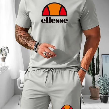 Ellesse Men's Summer Casual Sports Set Short Sleeve T-Shirt + Shorts Two-Piece Trendy Print Breathable Quick-Dry Fitness Wear