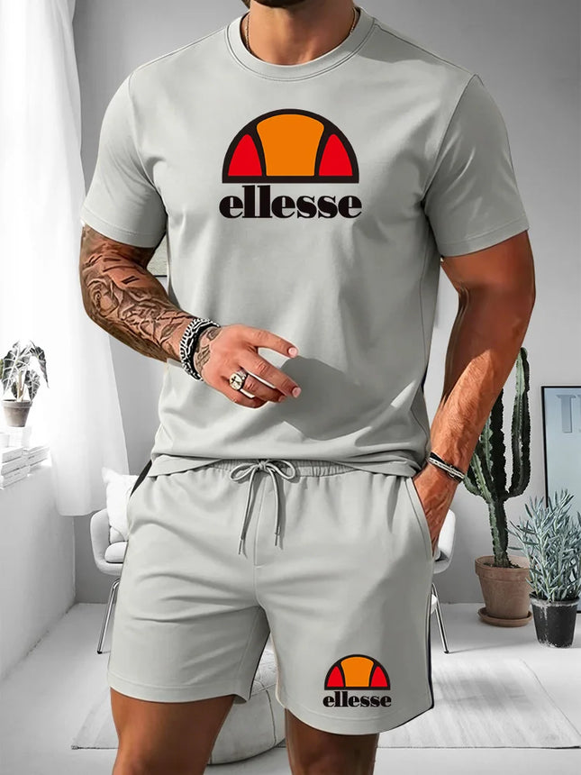 Ellesse Herren Sommer Freizeit Sport Set Kurzarm T-Shirt + Shorts Zweiteiler Trendiger Druck Atmungsaktive Schnelltrocknende Fitnesskleidung