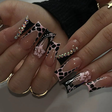 24Pcs Brown Long Coffin False Nails Glitter Ballet Wearable with French Design Fake nails Full Press on Nail Ins Nail Tips Art