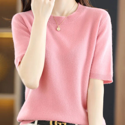 Short-sleeved Knitwear O-neck T-shirt Wool Cotton Blend Pullover Vest Sprig Summer Bottoming Tops Sweater