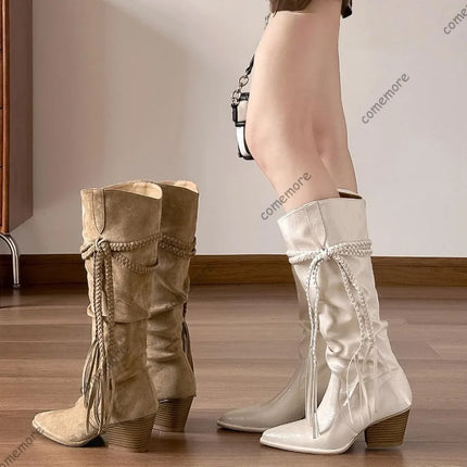 Comemore White Retro Platform Knee High Boots Thick High Heels Shoes for Women Fashion Autumn Stacked Long Knight Botas Female