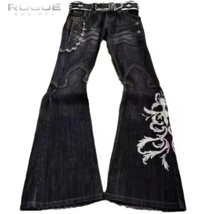 Summer Streetwear Embroidered Flare Jeans Men Y2K Retro Gothic Punk Casual Harajuku Distressed Vintage Black Denim Pants Unisex