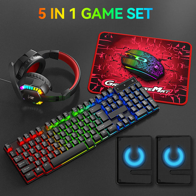 5-in-1 Set Gaming Combo Keyboard 4-color Breathing Light Mouse 3.5mm Gaming Headset Gaming Speaker Anti-slip Mouse - product