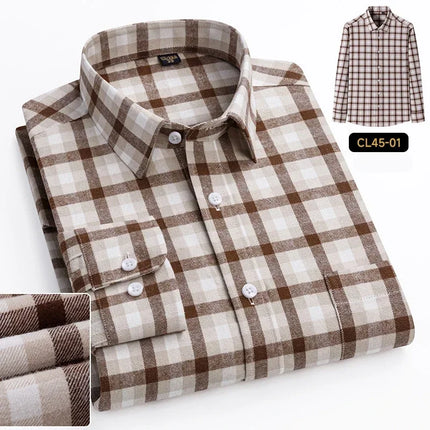 Mens 100% Cotton Casual Shirt Slim Fit Button Classic Striped Plaid Long Sleeve Shirts Single Pocket Comfortable Workwear Shirts