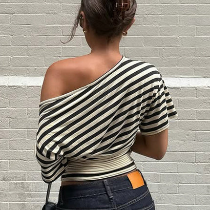 Dulzura Summer Fashion Inclined Shoulder Short Sleeves Slim Fit Striped T-Shirt Women'S Casual Versatile Street Style Outfit Y2K