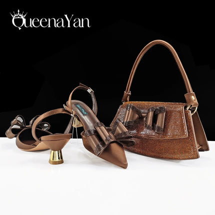 Queena Yan Hot Selling Fashion Mature Coffee Color Butter-fly Design Pointed Toe High Heel Party Wedding Lady Shoes and Bag Set