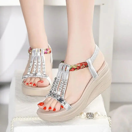 Fashion Platform Wedges Soft Leather High Heel Sandals Women Summer New Cozy Vacation Rhinestone Bohemian Beach Cool Sandals