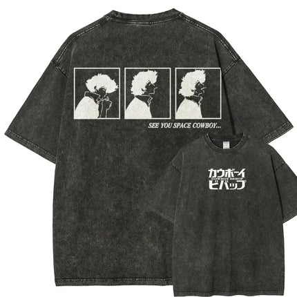 Men's Essential Summer 100% Cotton Washed T Shirt Featuring The Spike Spiegel Pattern Print From The Anime Series "Cowboy Bebop"