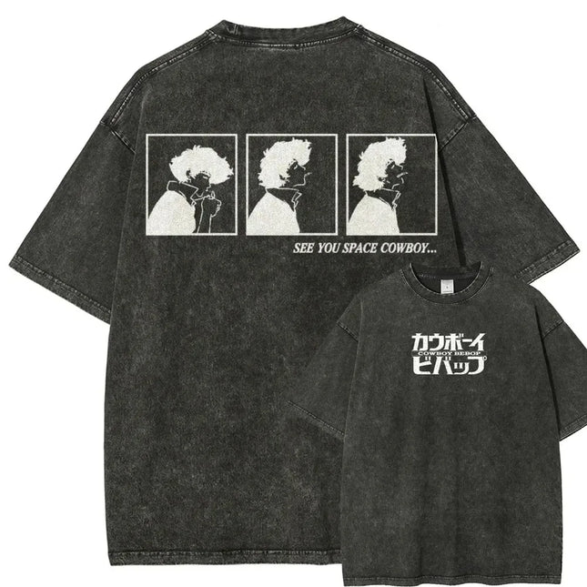 Herren essentielles Sommer T-Shirt aus 100 % Baumwolle mit Spike Spiegel-Print aus der Anime-Serie „Cowboy Bebop“