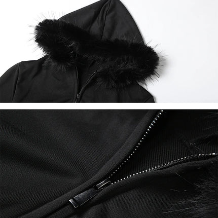 Gtpdpllt Faux Fur Collar Hooded Sweatshirts For Woman Fall Winter Coats Clothes Black Zip Up Cropped Jackets