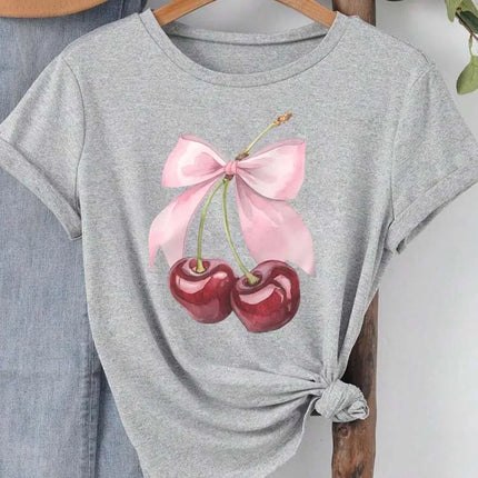 Fashion Cherry Print Women T-Shirt Short Sleeve Crew Neck Casual Tops for Summer Spring Women's Clothing Tops Tees